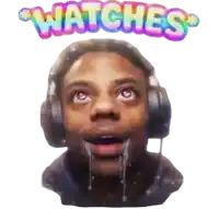 a man wearing headphones with water dripping from his mouth and the words watches above him