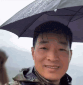 a man with a black umbrella on his head smiles