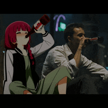 a man is drinking a bottle of vodka while a girl is drinking from a bottle