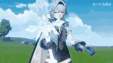 a girl in a white coat is standing in a field holding a sword in her hand .