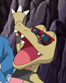 a cartoon character wearing sunglasses with his mouth wide open