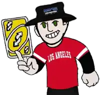 a man wearing a patagonia hat and a los angeles shirt holds a uno card