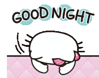 a hello kitty sleeping on a bed with the word good behind her