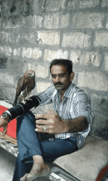 a man sits on a bench holding a camera and a bird