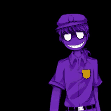 the purple guy from five nights at freddy 's is wearing a purple uniform and hat and smiling .