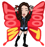 a cartoon of a woman with butterfly wings that says " woo "