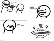 a black and white cartoon of a man holding a pie and a man holding a plate of pie .