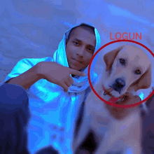 a man in a blue shirt is holding a dog in a red circle that says login