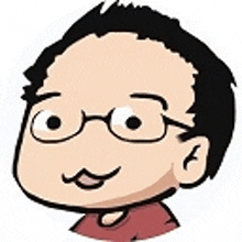 a cartoon drawing of a man with glasses and a red shirt .