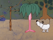 a pink panther is holding a gun while a dog looks on