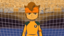 a cartoon character is standing in front of a soccer goal