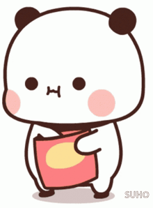 a cartoon panda bear is holding a bag of potato chips and eating them .