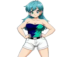 a girl with blue hair is wearing shorts and a strapless top
