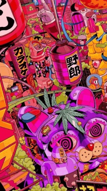 a colorful cartoon illustration of a city with a purple car and a marijuana leaf .