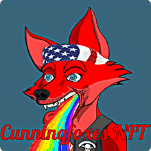 a red fox with a rainbow coming out of its mouth and the words cunning foxes nft