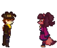 a pixel art drawing of a cowboy and a raccoon