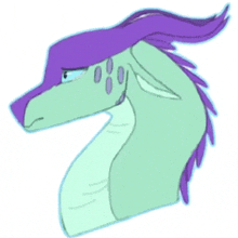 a drawing of a dragon 's head with a purple mane and blue eyes .