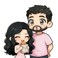 a man and a woman are standing next to each other and the woman is eating a bag of food