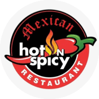 a logo for mexican hot n spicy restaurant with a red pepper