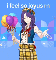 a girl with purple hair is holding a bunch of balloons with the words i feel so joyus rn above her