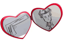 a heart shaped mirror has a drawing of a man and a gun