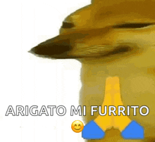 a dog with a smiley face and the words " arigato mi furrito " on the bottom