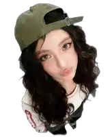 a woman wearing a green hat and a white shirt with a red sleeve that says a on it