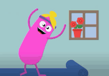 a cartoon character is standing on a yoga mat in front of a window with flowers in a pot .