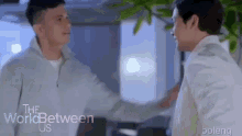 two men are shaking hands in front of a window .