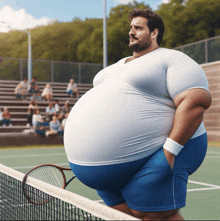 a man with a very large belly is holding a tennis racquet