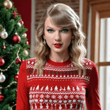 a woman wearing a red sweater with trees and snowflakes on it stands in front of a christmas tree