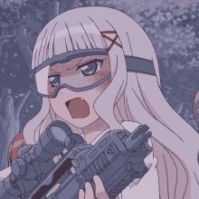 a girl with long white hair is holding a rifle