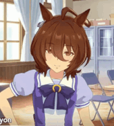 a brown haired anime girl with a purple bow and a horse ear