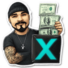 a sticker of a man holding a wallet full of money with a x on it