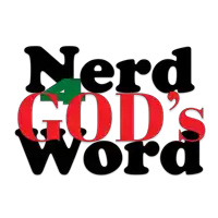 a logo for nerd god 's word with a green arrow in the middle