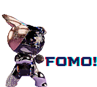 a statue of a rabbit with the word fomo written below it