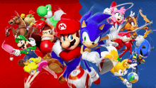 a group of cartoon characters including mario and sonic are on a red and blue background