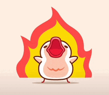 a cartoon duck with its mouth open and a fire in the background