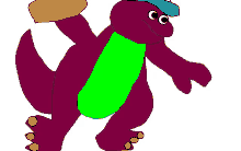 a cartoon drawing of a dinosaur wearing a blue hat and a green tail