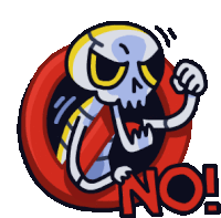 a cartoon drawing of a skeleton with the word no written below it