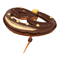 a pretzel with chocolate icing and pieces of butter on a toothpick