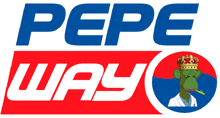 a logo for pepe way with a monkey wearing a crown on his head