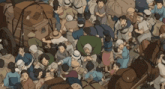 a crowd of people are gathered in a cartoon scene with a few boxes on the ground