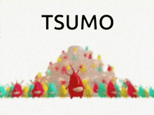 the word tsumo is on a white background with a bunch of colorful stuffed animals