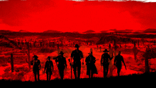 a group of cowboys are walking in the desert