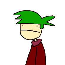 a cartoon character with green hair is wearing a red jacket