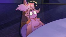 a cartoon character with a halo on his head is sitting in a chair