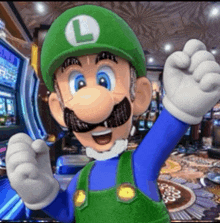 a cartoon character wearing a green hat with the letter l on it is standing in front of a slot machine .