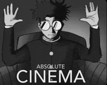 a black and white drawing of a man wearing glasses and the words absolute cinema