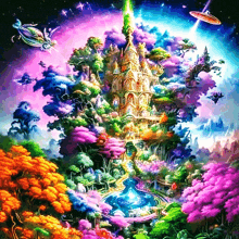 a painting of a castle surrounded by colorful trees